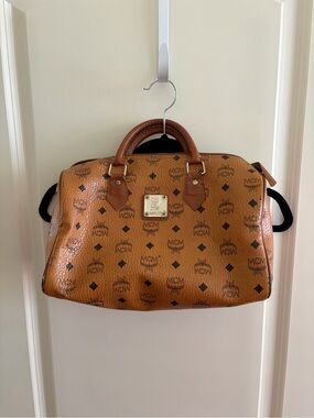MCM Logo Printed Leather Handle Bag